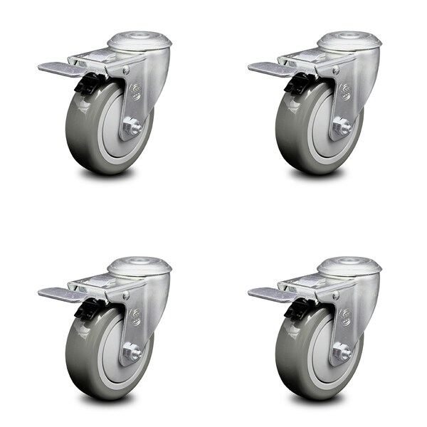 4 Inch Gray Polyurethane Swivel Bolt Hole Caster Set with Total Lock Brake SCC